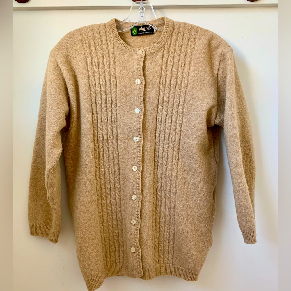 100% Wool Cardigan, Button Front, 3/4 length sleeves, Camel/Tan